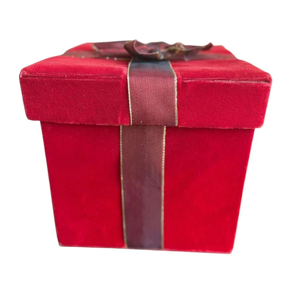 Red Velvet Christmas Gift Box Burgundy Ribbon Gold Trim Holiday Decor Storage